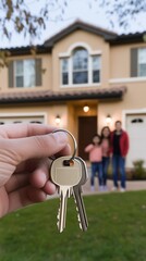 Hand holding house keys with blurred family and home in the background, concept of homeownership