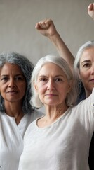 Fototapeta premium Empowered diverse senior women raising fists in solidarity, concept of unity and strength