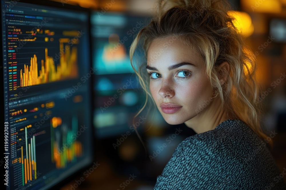Aufkleber focused analyst reviews data trends on multiple screens in a modern office setting during the evenin