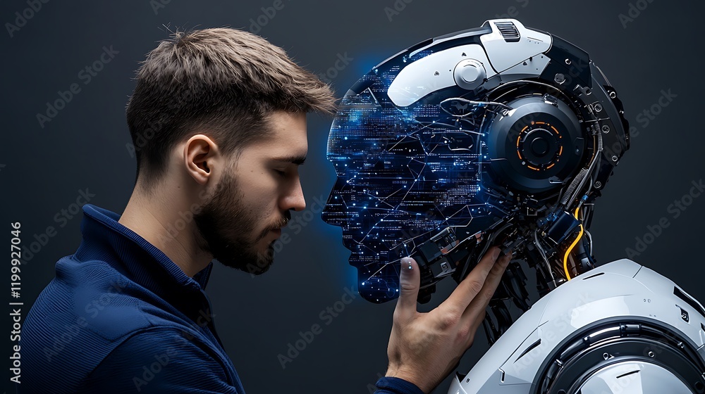 Poster man connects with ai robot, futuristic technology, dark background, concept image for tech articles