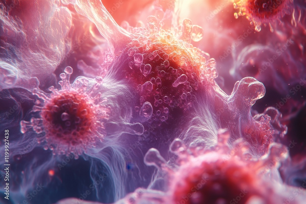 Poster microscopic view of interconnected cells and pathogens displaying vibrant colors in a surreal enviro