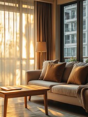 Fototapeta premium Modern living room interior with beige sofa and wooden floor