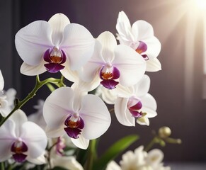 Exquisite white rare orchids with purple border and wavy petals in sunlight, exquisite, sunlight, rare orchids