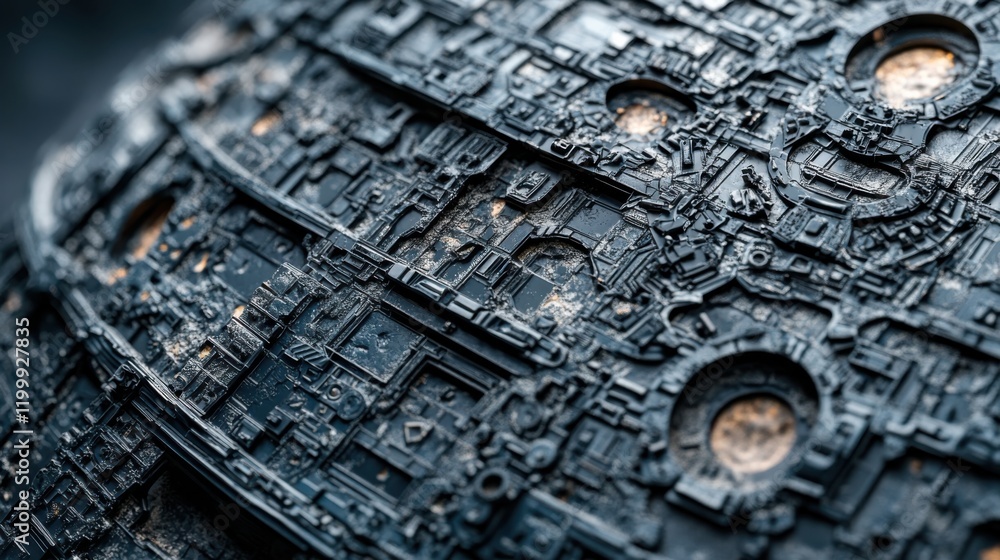 Poster intricate close-up of a futuristic mechanical structure with detailed textures and glowing elements
