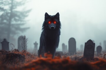A dark and gothic illustration of a black wolf standing in a foggy graveyard, surrounded by glowing red eyes and faint tombstones