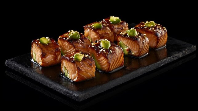 An artistic arrangement of grilled salmon sushi rolls, garnished with avocado and sesame seeds, showcasing a creative take on a classic dish.