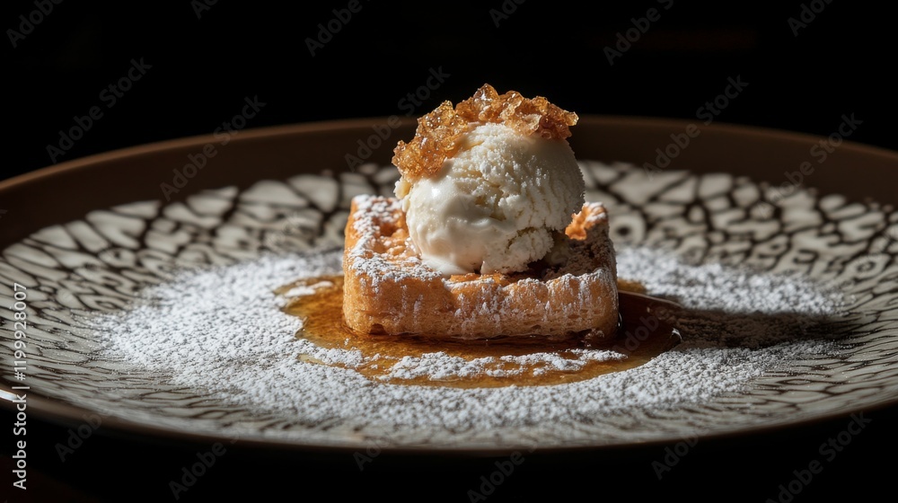 Poster an artistic arrangement of honey toast served on a patterned plate, with a scoop of ice cream meltin
