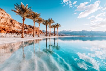 Fototapeta premium A desert oasis surrounded by palm trees, with crystal-clear water in the middle of the sand