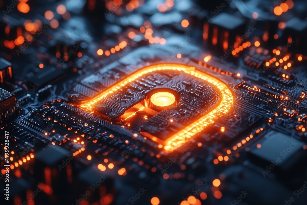 Poster illuminated circuit board design showcasing intricate technology and vibrant details in a close-up v