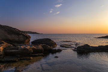 Sunrise on the beautiful Nikolas beach on the island of Rhodes in Greece. Seascape
