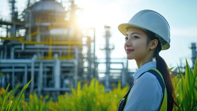 A young engineer stands in front of an industrial plant, wearing safety gear and a hard hat. She smiles as the sun sets, casting a warm glow over the lush green surroundings - Powered by Adobe