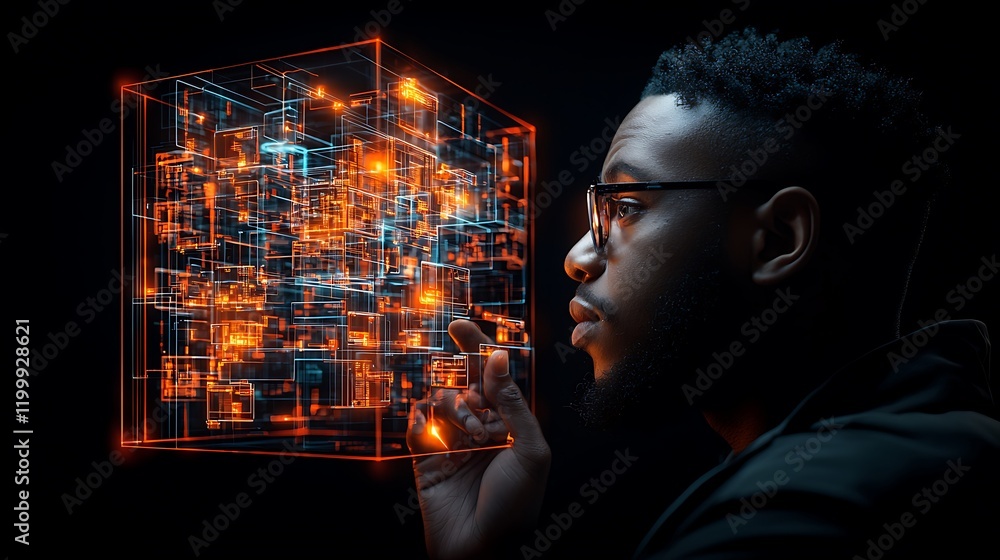 Poster man explores digital cube, data visualization, dark background, tech concept