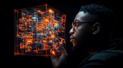 Man explores digital cube, data visualization, dark background, tech concept