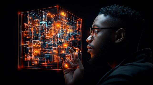 Man explores digital cube, data visualization, dark background, tech concept