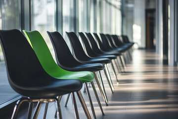 Green chair standing out from crowd of black chairs in row, business company hiring or recruiting new worker employees, suitable motivated candidates.