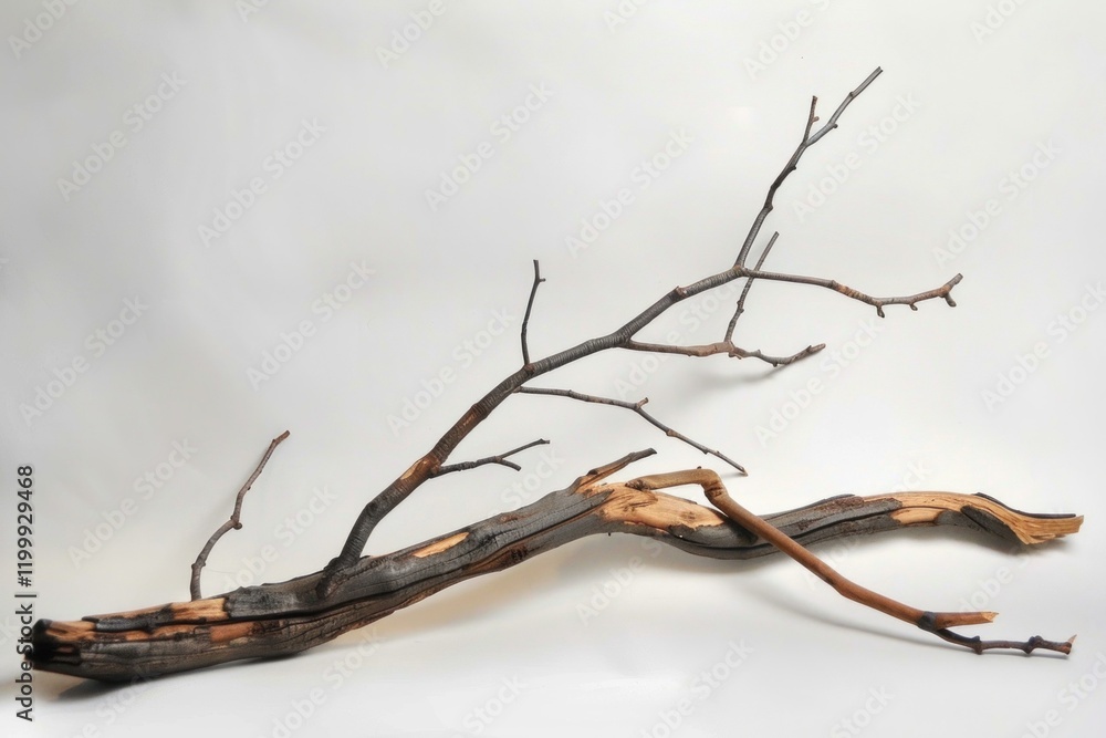 Poster studio shot of broken tree branch with small twigs, creating a stark image of natural decay against 