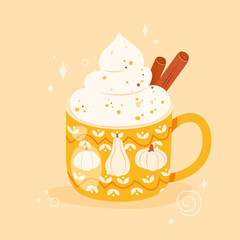 Cute pumpkin spice latte with whipped cream and cinnamon sticks. Autumn or fall season coffee beverage concept. Vector illustration in hand drawn flat cartoon style