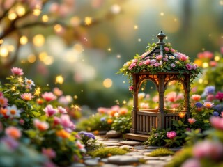 Fototapeta premium Enchanted garden scene with floral gazebo and glowing lights