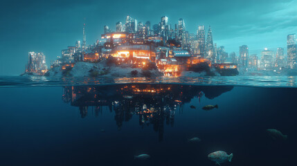 A futuristic and luminous cityscape submerged beneath crystal-clear waters.