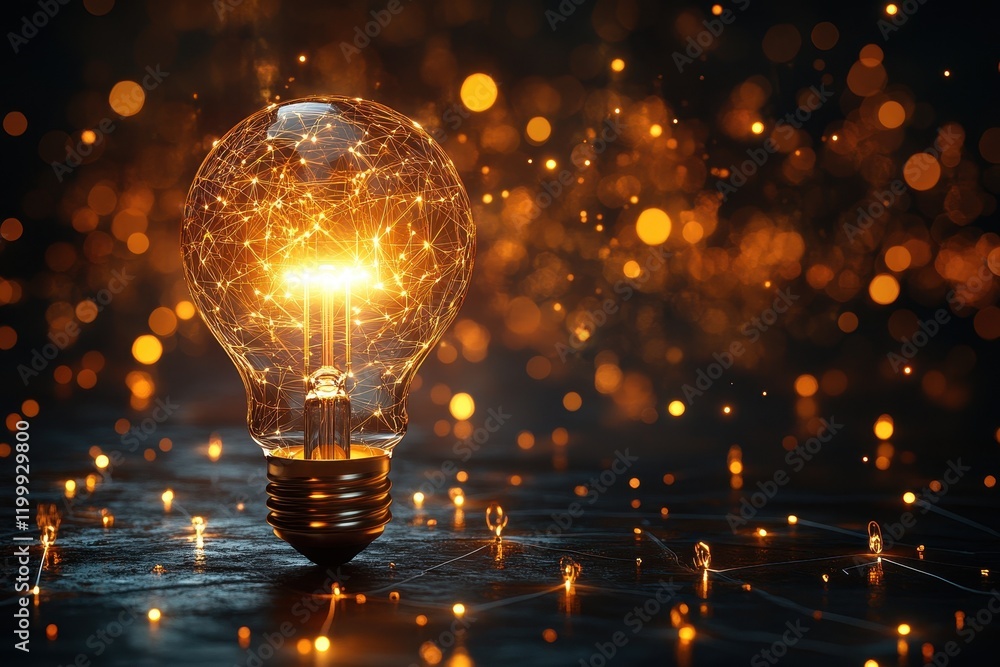 Poster bright light bulb with glowing particles creating a warm atmosphere in an artistic display