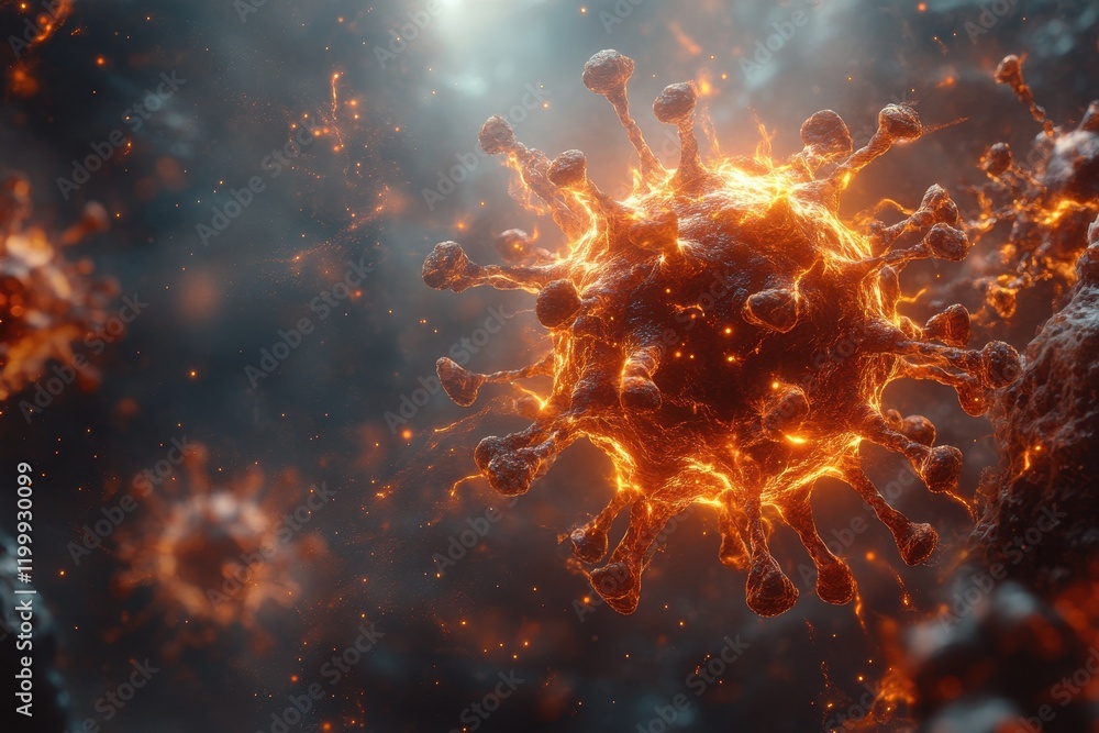 Poster detailed depiction of a coronavirus structure highlighting surface features and dynamic behavior dur