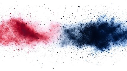 Abstract design featuring red and blue powder-like splashes on a white background.