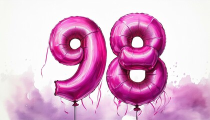 Pink birthday / anniversary party balloon, number 98, watercolor painting with white background