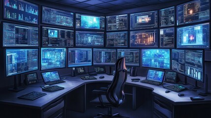 High-tech control room with multiple screens displaying data and analytics in a futuristic setting