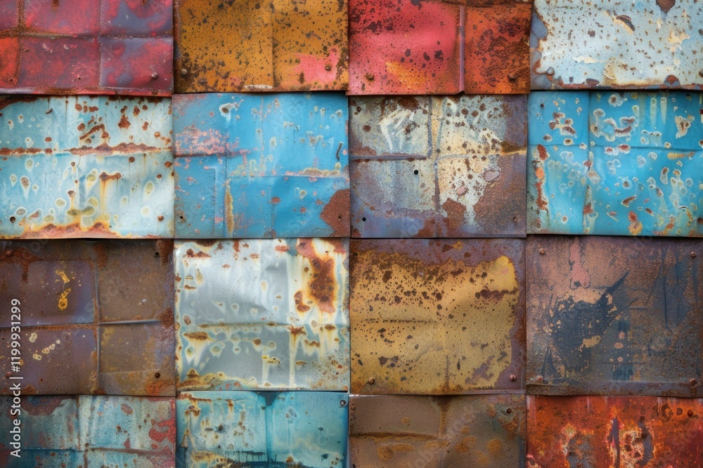 Poster close up of a wall featuring an array of rusty metal panels, showcasing a variety of colors and text