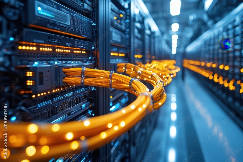 Poster network data center with illuminated cables and servers showcasing modern technology infrastructure