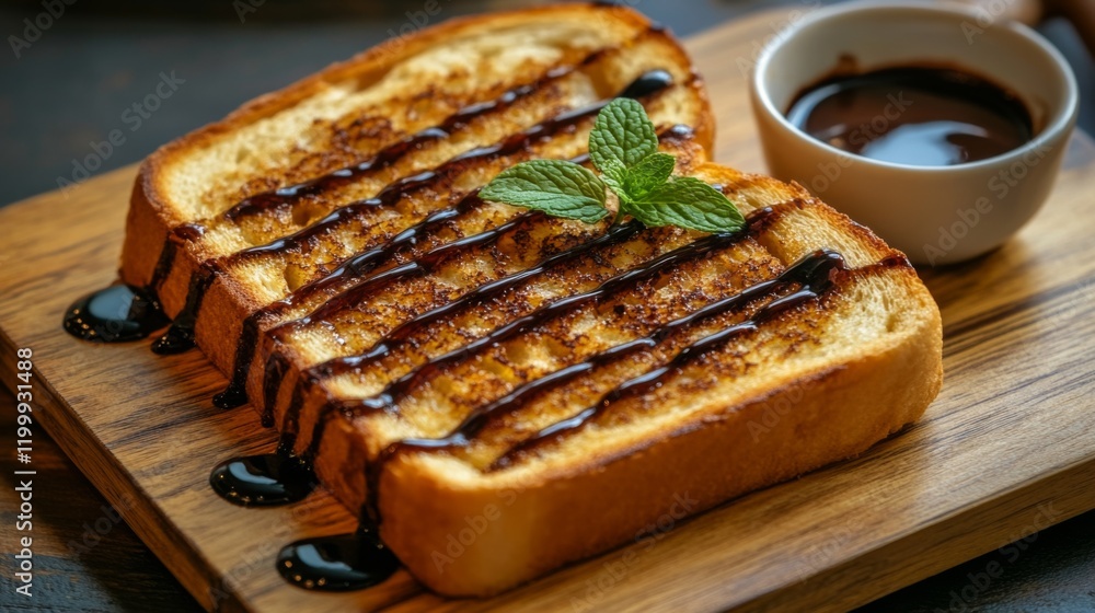 Poster An artistic shot of honey toast served on a rustic wooden board, garnished with a sprig of mint and a side of rich chocolate sauce for dipping.