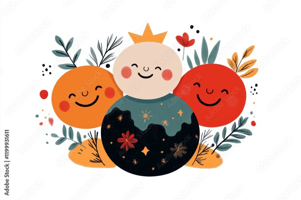 Aufkleber a flat 2d illustration of earth with smiling faces on each continent, emphasizing unity and happines