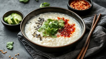 An artistic shot of hot rice porridge served with a side of pickled vegetables and a small dish of chili paste, creating an inviting and delicious breakfast scene.