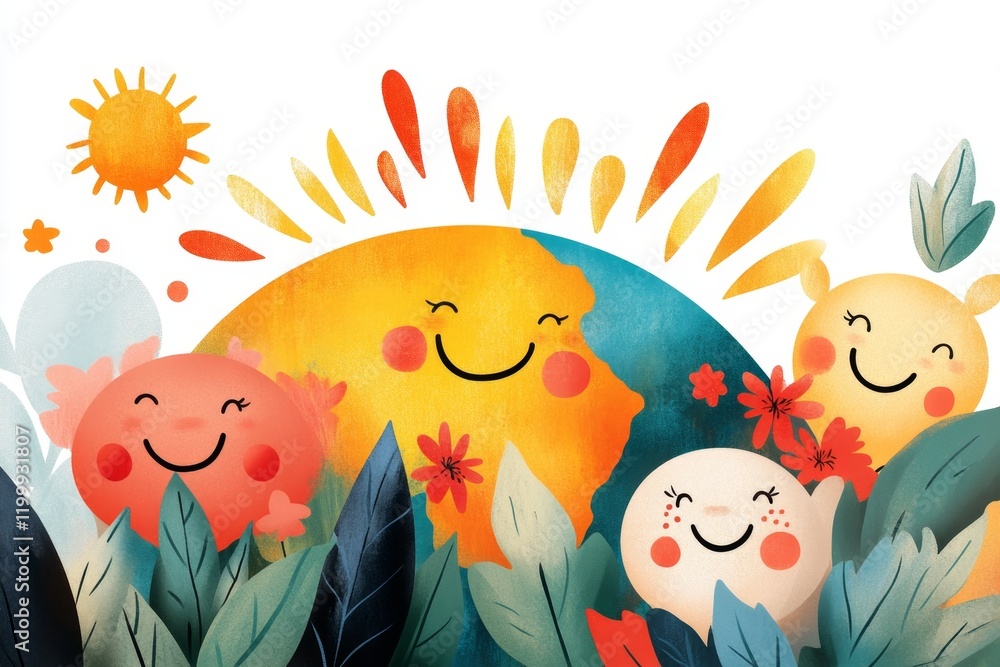 Poster a flat 2d illustration of earth with smiling faces on each continent, emphasizing unity and happines