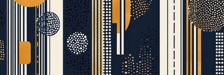 A geometric pattern with stripes, dots, and lines in navy blue, white, and gold colors.