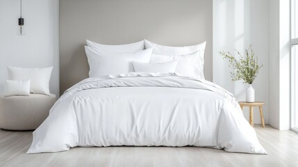 White bedding on a bed in a minimalist bedroom.