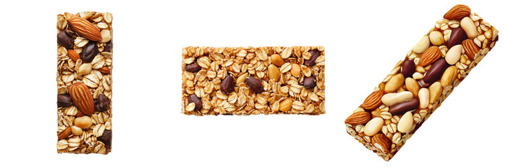 A variety of granola bars showcasing different shapes, textures, and a mix of nuts and grains.