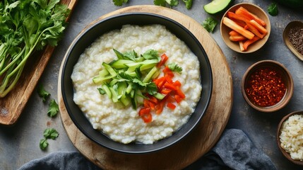 An artistic shot of hot rice porridge served with a side of pickled vegetables and a small dish of chili paste, creating an inviting and delicious breakfast scene.