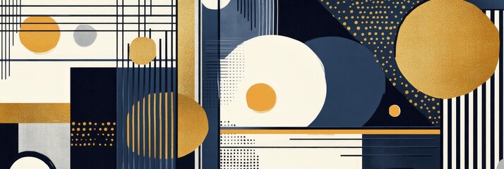 A geometric pattern with stripes, dots, and lines in navy blue, white, and gold colors.