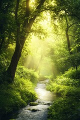 Obraz premium A peaceful forest with a gentle stream flowing through it, illuminated by the soft glow of sunlight filtering through the lush green trees