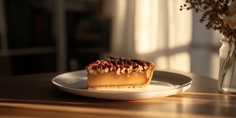 A slice of pecan caramel pie on a white plate, sunlight shadow effect on it