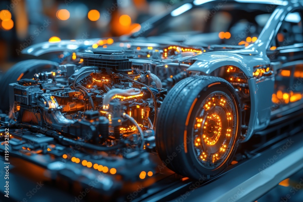 Poster innovative automotive design featuring illuminated engine components in a modern workshop setting