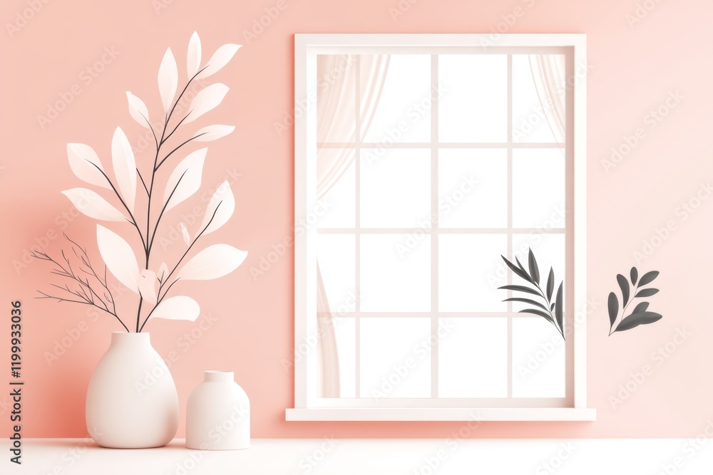Poster a flat illustration of a simple window with slightly open curtains, drawn in soft pastel tones and m