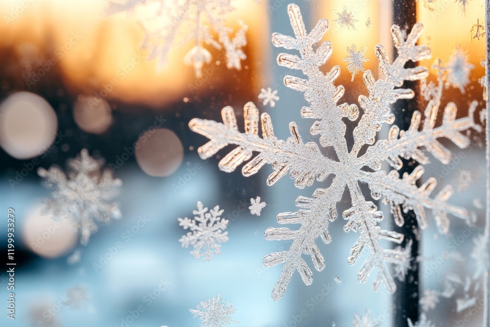 Aufkleber A frosted glass window with intricate snowflake patterns, glowing softly under the golden light of a winter sunrise
