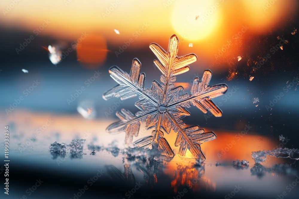Poster A frosted glass window with intricate snowflake patterns, glowing softly under the golden light of a winter sunrise