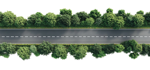 Aerial view of a straight asphalt road with a transparent background. high resolution PNG file