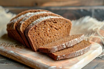 Freshly baked dark rye bread loaf is partially sliced on a wooden cutting board, showcasing its texture and rustic appeal