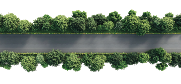Aerial view of a straight asphalt road with a transparent background. high resolution PNG file