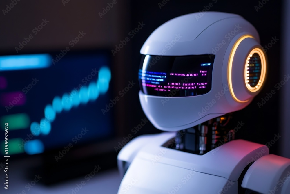 Poster futuristic robot with digital interface showcases advanced technology in modern workspace