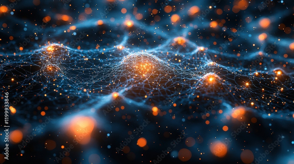 Poster abstract blue and orange plexus network with glowing particles. ideal for technology backgrounds, di